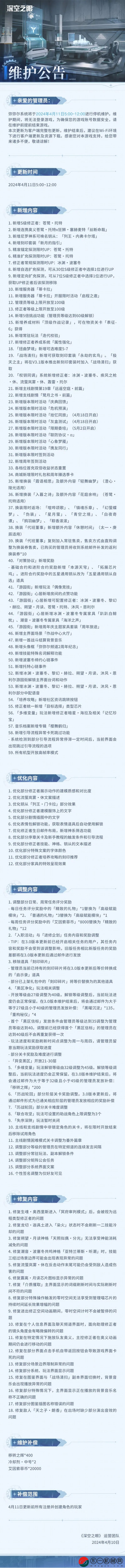 深空之眼4月11日停機(jī)維護(hù)公告有什么